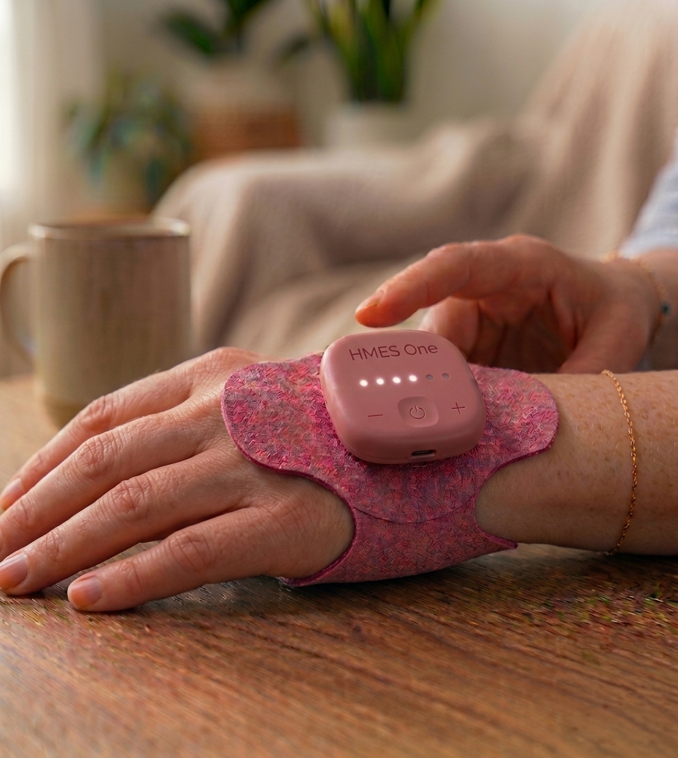 The Myogen HMES One device worn on the back of a woman's hand, resting on a wooden table at home.