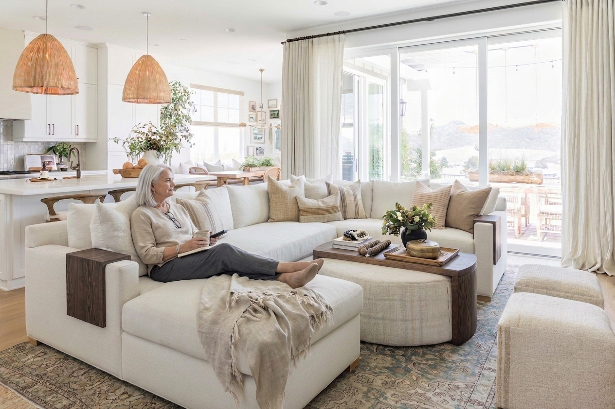 A woman relaxing on a couch in a bright, comfortable living room.