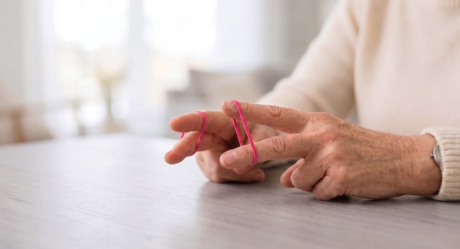 An older person's hands using a pink rubber band between the fingers at a table, demonstrating a hand exercise.